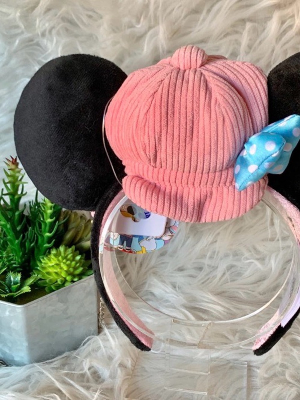 Disney Minnie Mouse Ears Headband Pink Hat Blue Bow Fluffy Plush